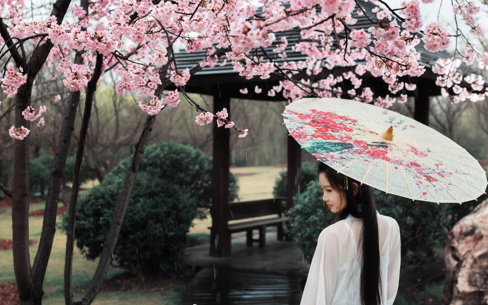 清纯古装美女雨中踏春行唯美意境高清壁纸