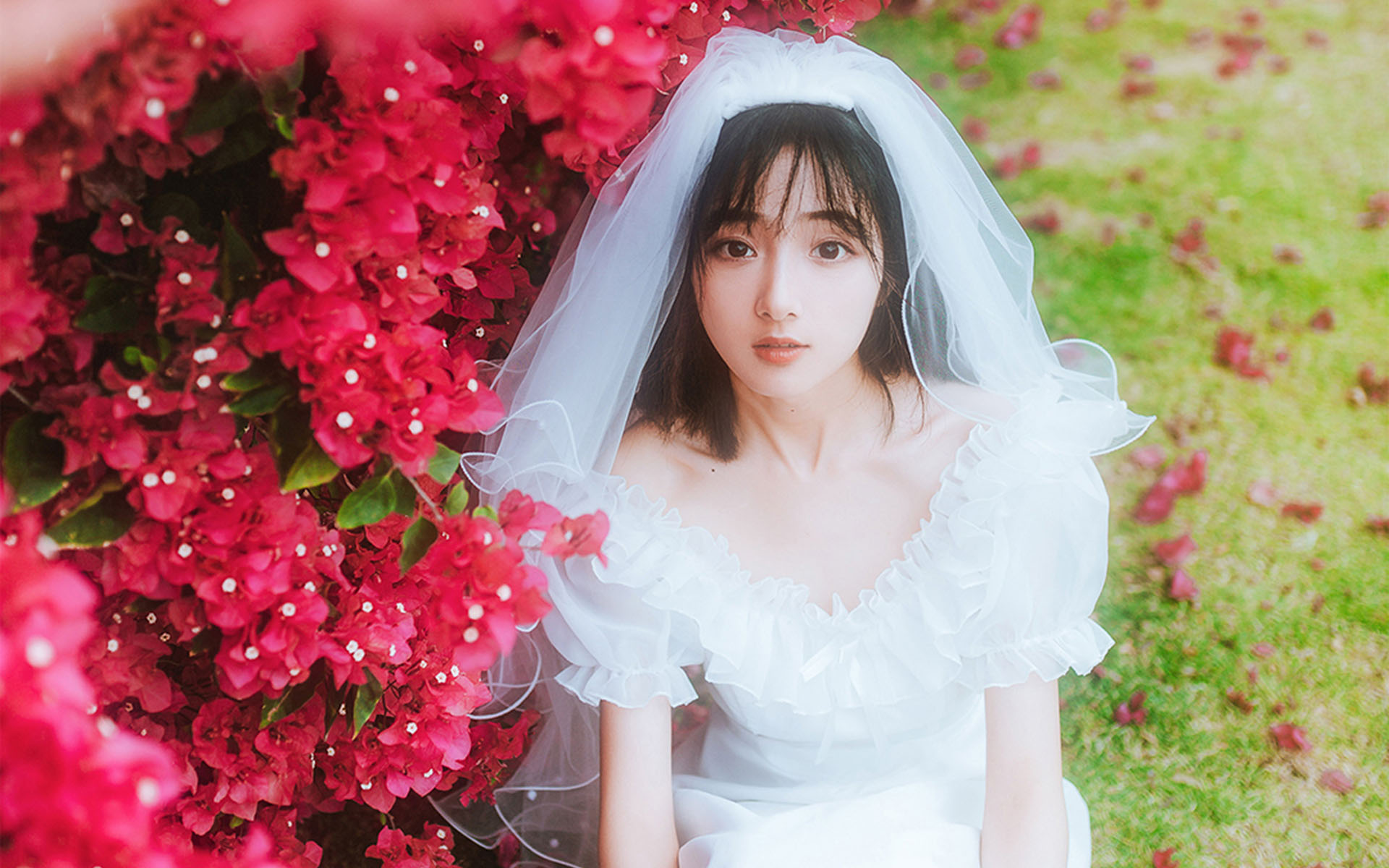 清纯纱裙美女甜美花丛写真高清壁纸