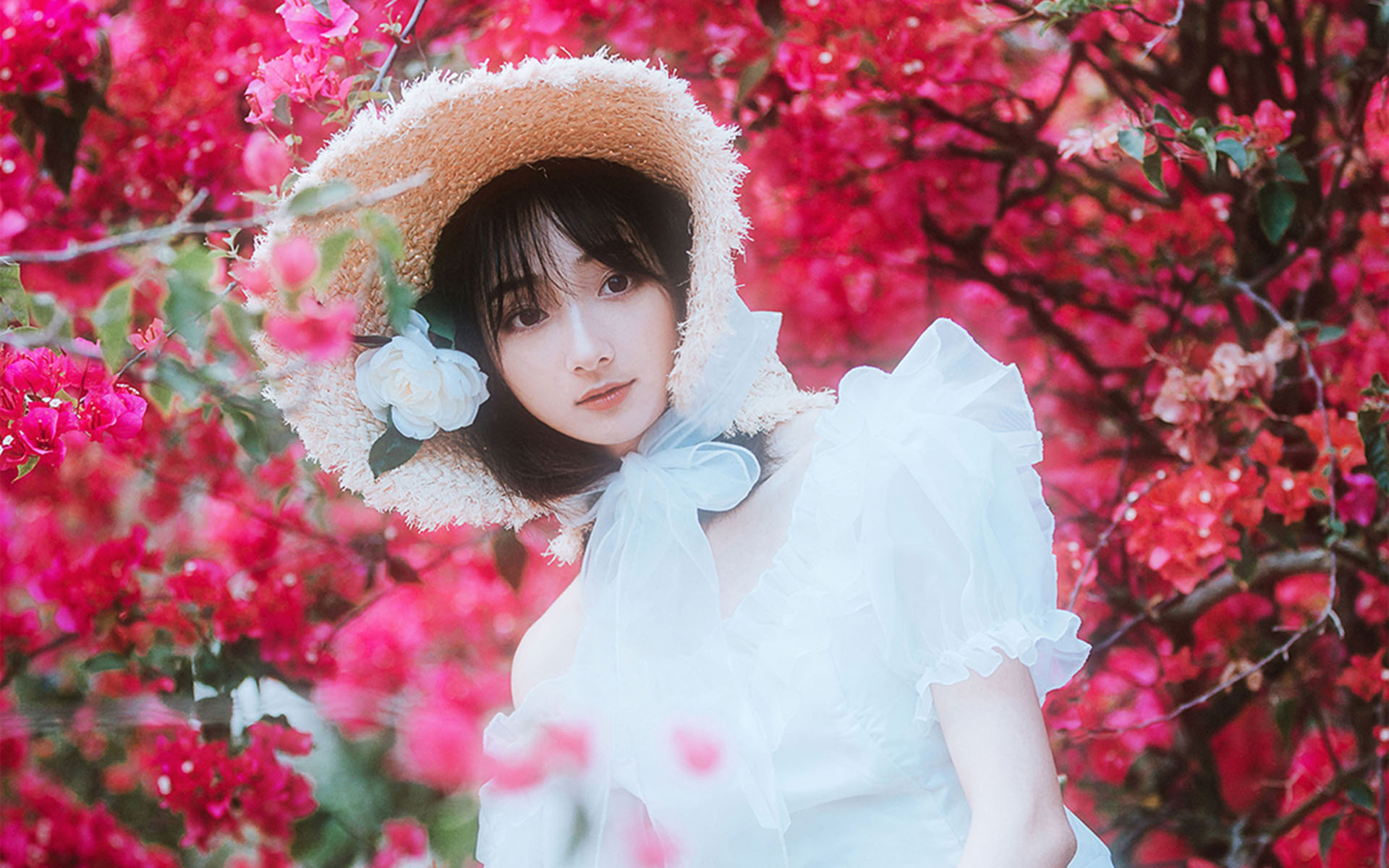 清纯纱裙美女甜美花丛写真高清壁纸