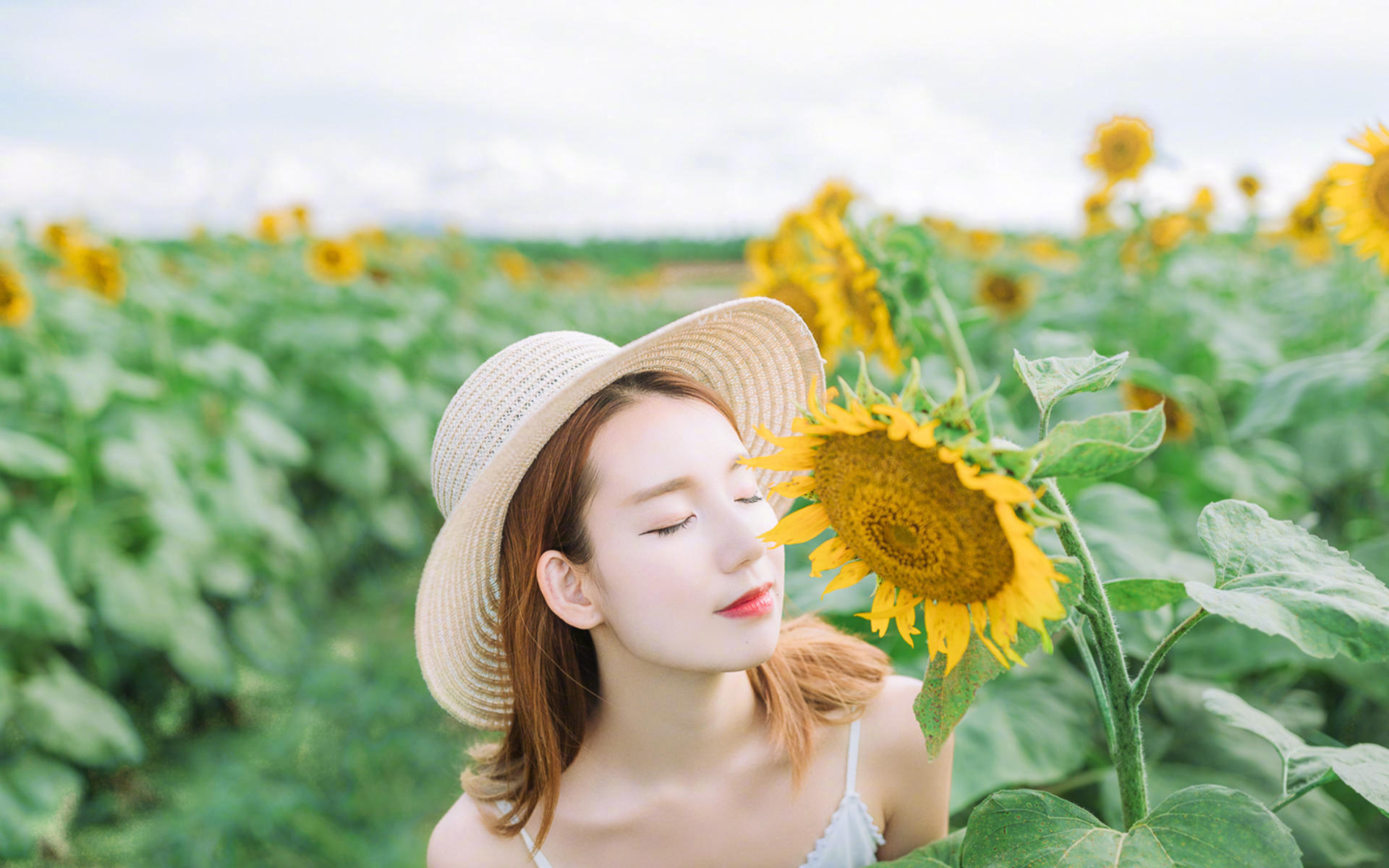 清纯草帽美女花丛高清桌面壁纸